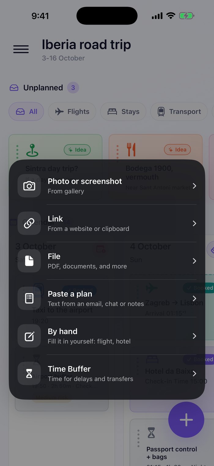 The add menu: photo, file, link, paste text, scan, or write a card by hand.
