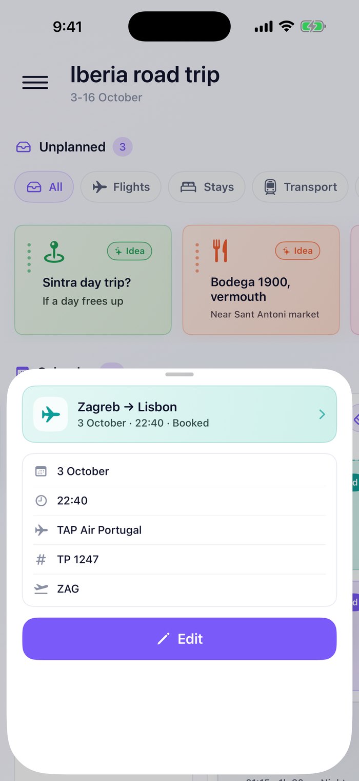 RoamDrop on iPhone: a recognized flight card with airline, times, terminal and booking reference.