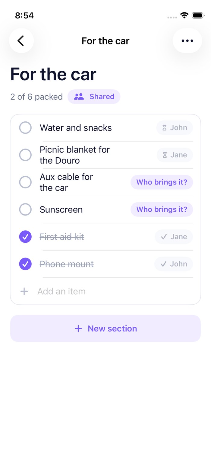 A shared packing list where each item shows who is bringing it.