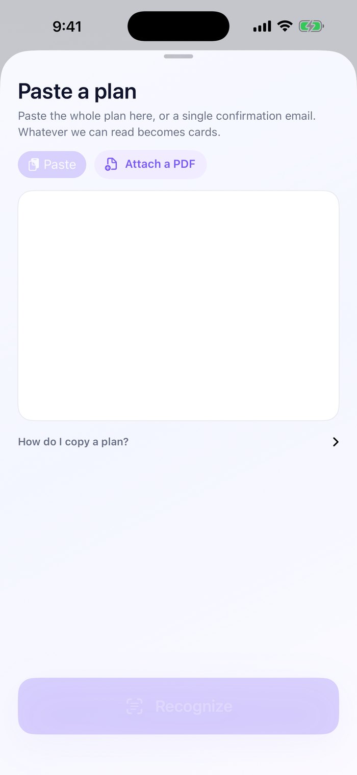 A pasted plan being turned into separate cards with dates and times.